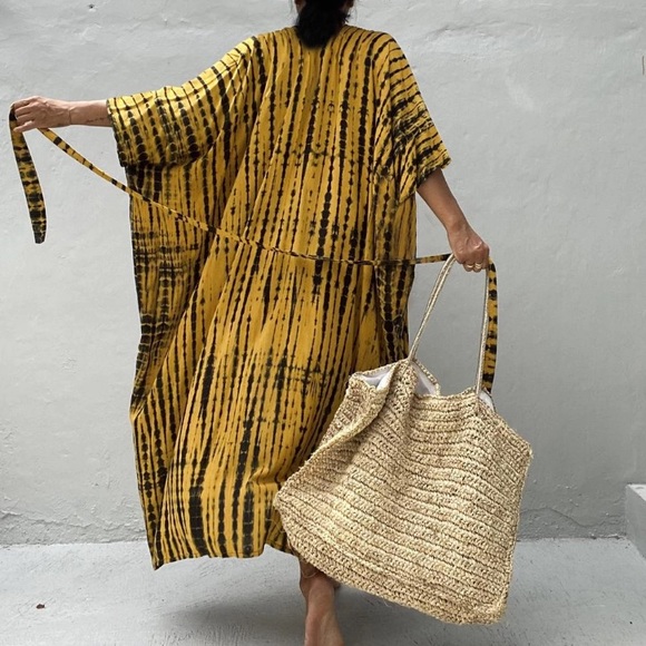 Mustard Yellow Tie Dye Boho Swim Coverup Kimono Robe - Picture 4 of 6